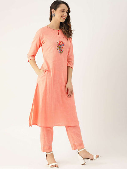 Peach Embroidered Cotton Straight Kurta With Pant | Rescue