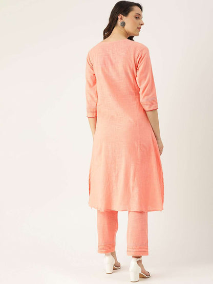 Peach Embroidered Cotton Straight Kurta With Pant | Rescue