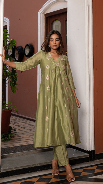 Rumaisa - Green Chanderi Anarkali Kurta Set