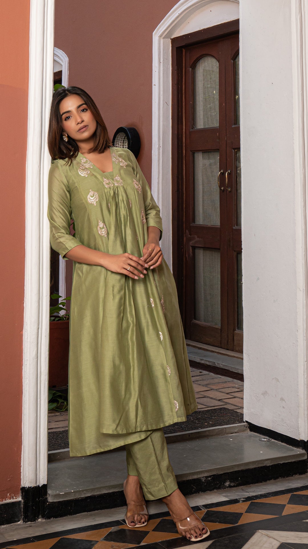 Rumaisa - Green Chanderi Anarkali Kurta Set