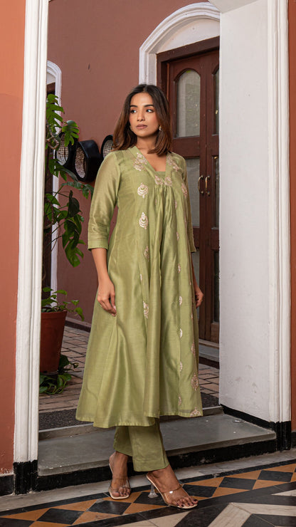 Rumaisa - Green Chanderi Anarkali Kurta Set