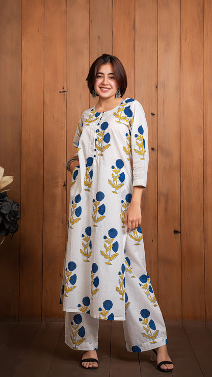 Ela Sanganeri Hand Block Cotton Kurta - White/Blue