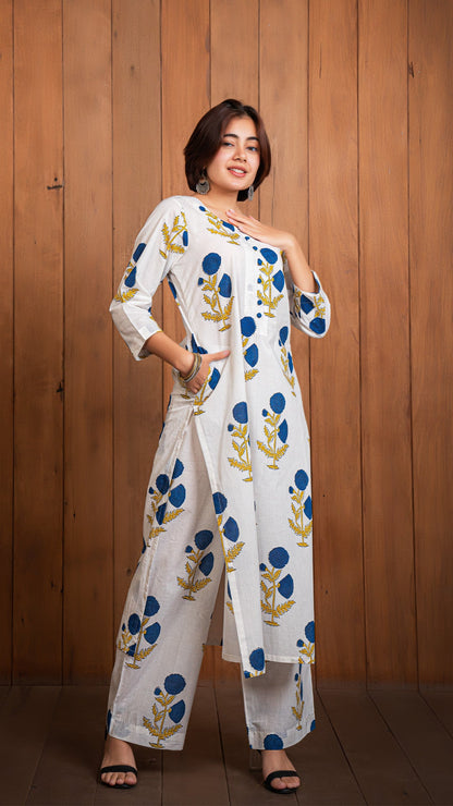 Ela Sanganeri Hand Block Cotton Kurta - White/Blue