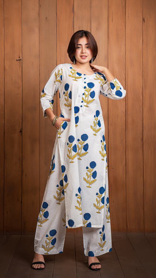 Ela Sanganeri Hand Block Cotton Kurta - White/Blue