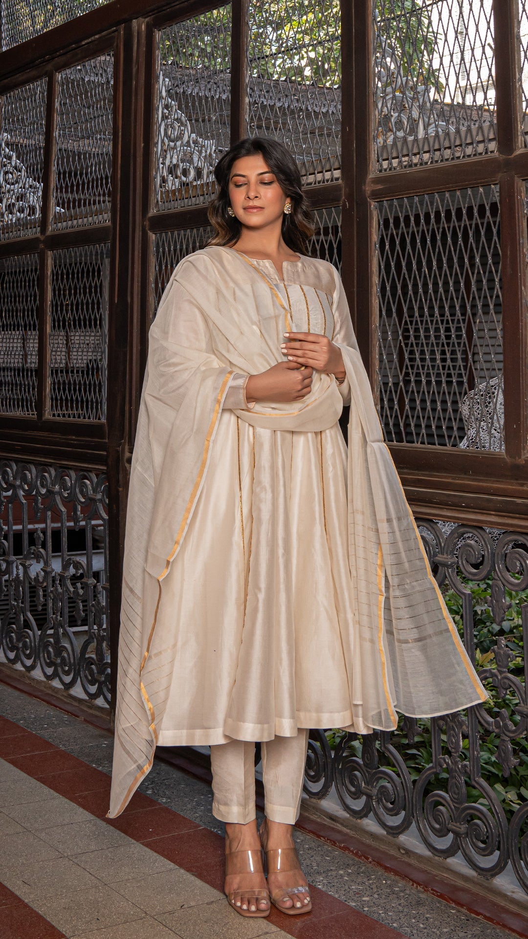 Shiza - Ivory Tissue Chanderi Anarkali Kurta Set