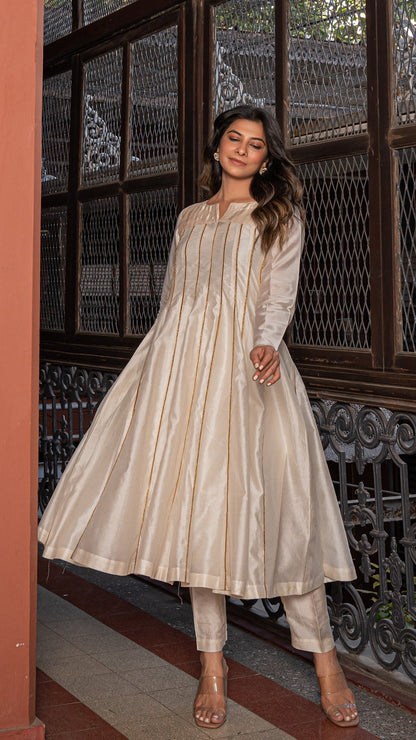 Shiza - Ivory Tissue Chanderi Anarkali Kurta Set