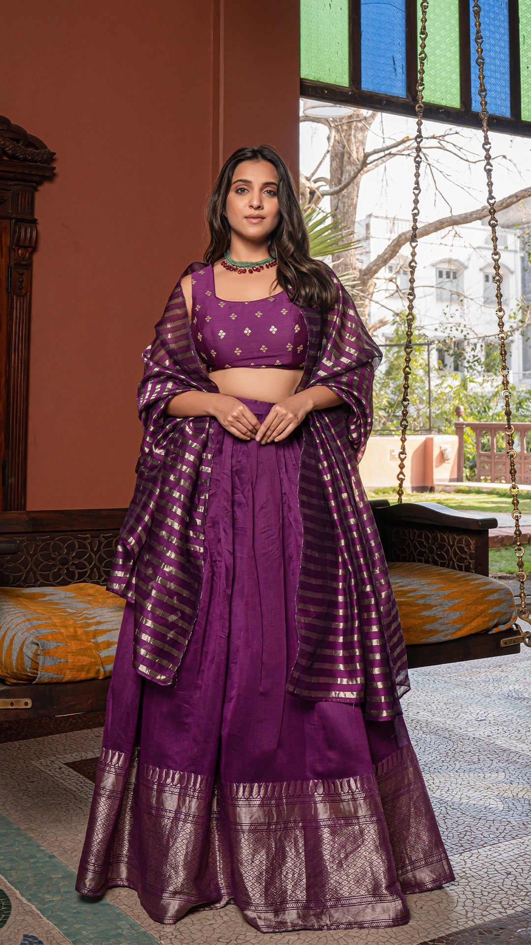 Pernia - Purple Woven Chanderi/Tissue Silk Lehenga Set