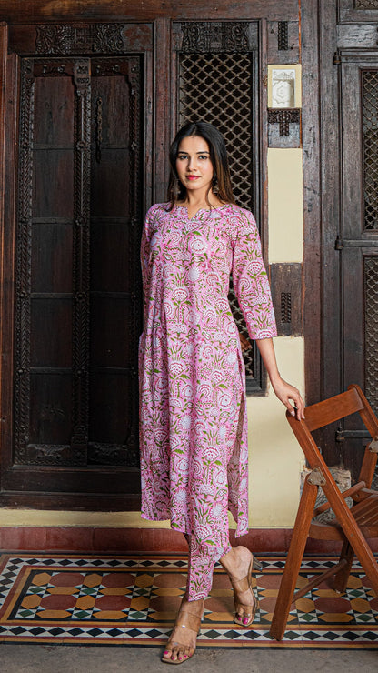 Netra Sanganeri Hand Block Kurta - Pink