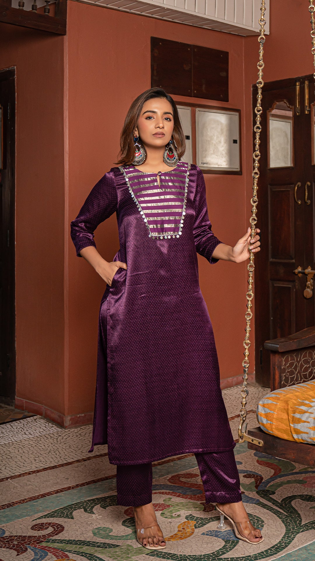 Fizza - Purple Pure Gajji Silk Kurta Set