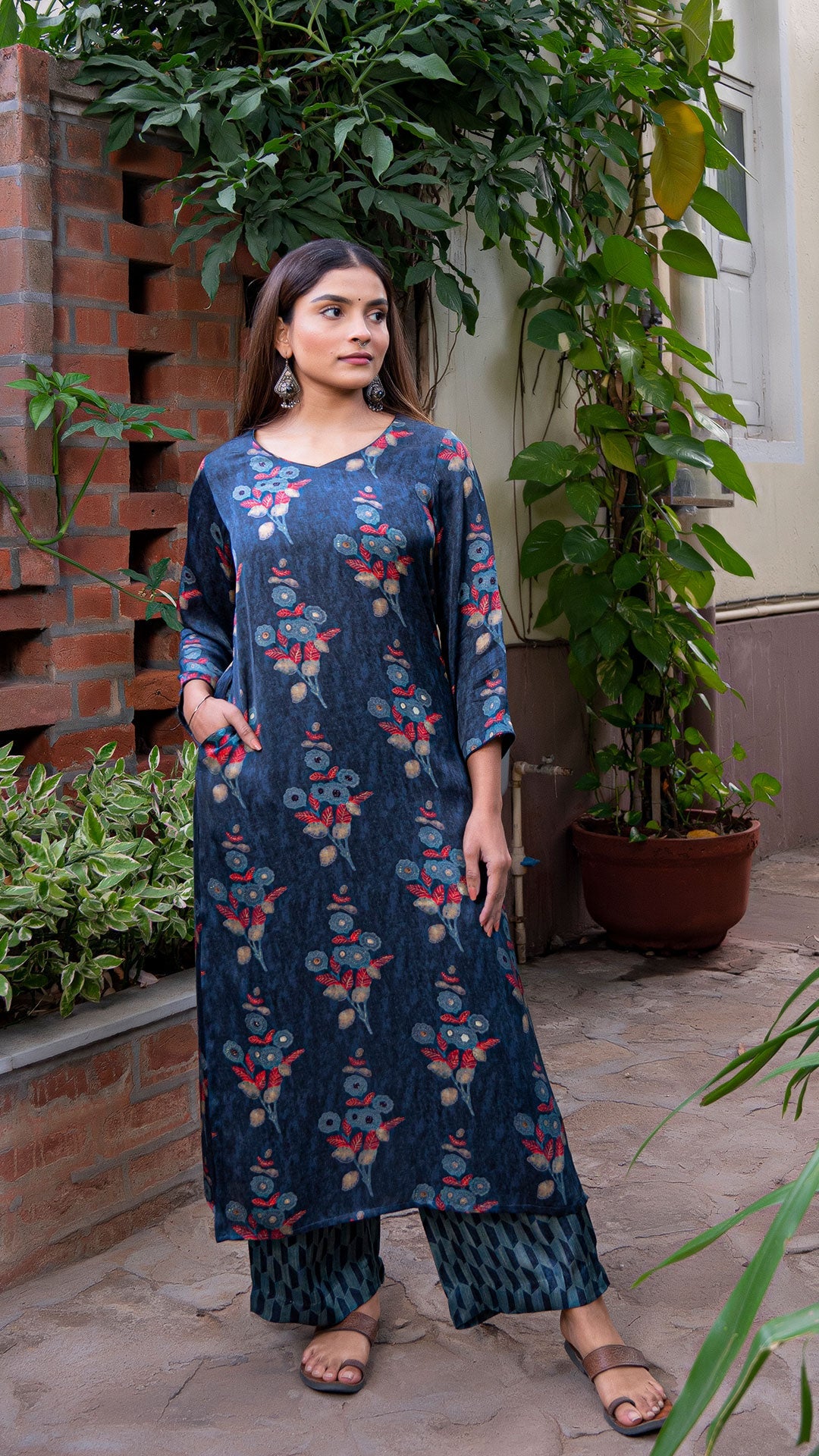 Labdhi Floral Butta Silk Kurta - Blue