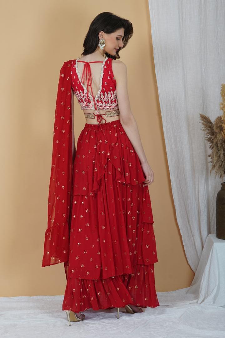 Crimson Red Belt Style Indo-western Set