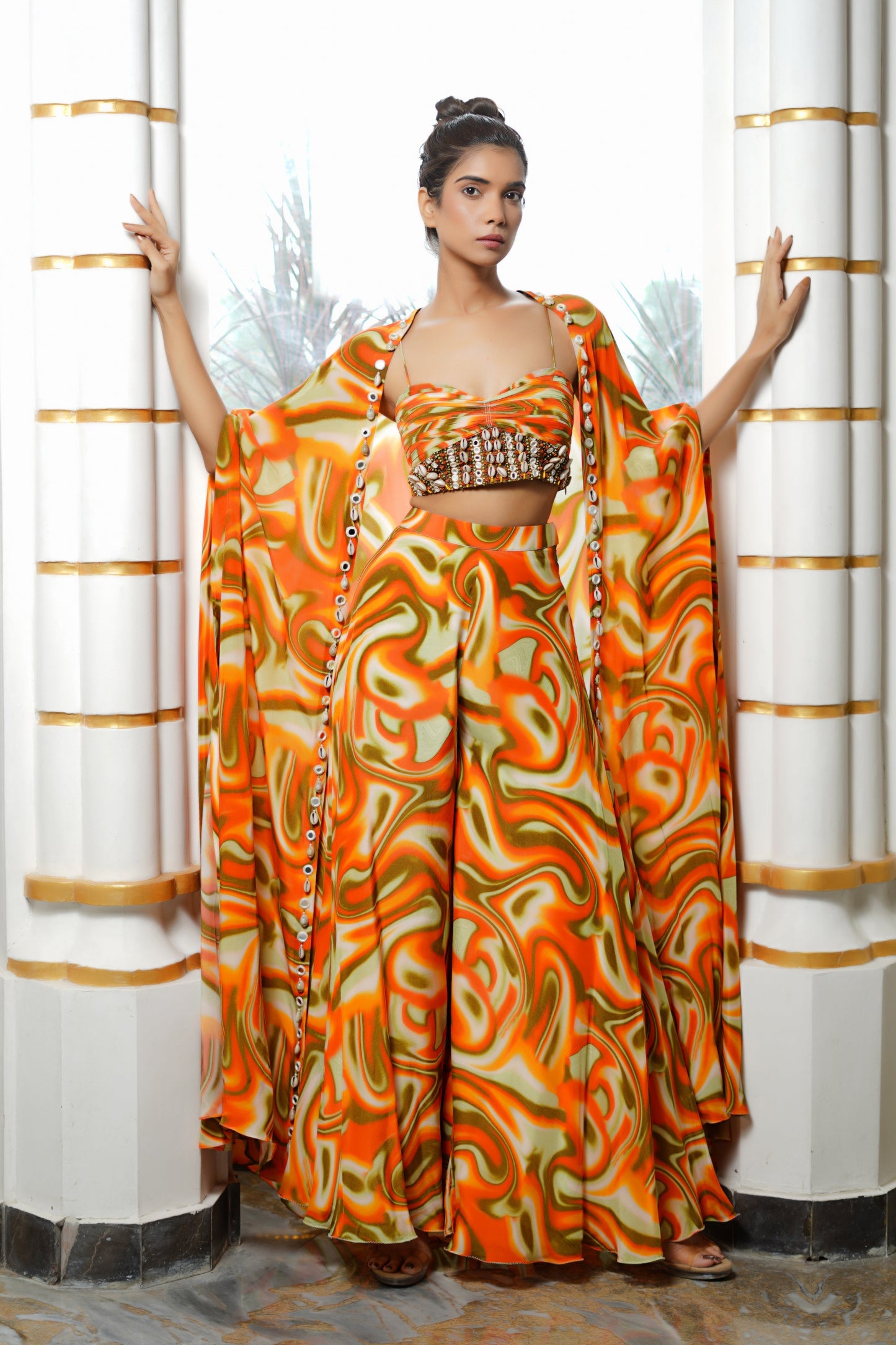 ORANGE MULTICOLOR ABSTRACT WAVE CO-ORD (SET OF 3)