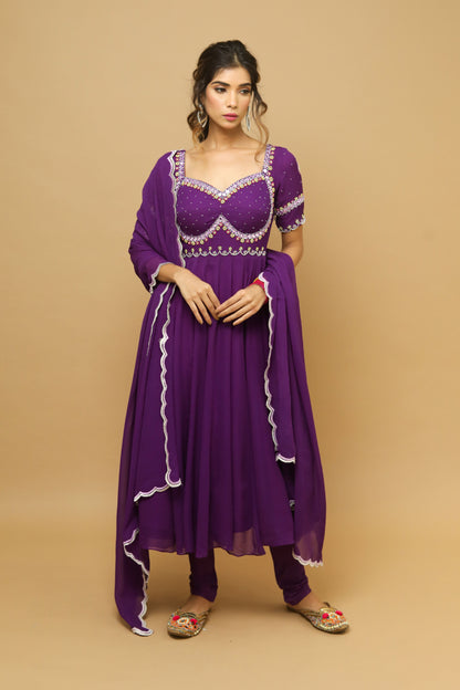 Dark Purple Anarkali Suit Set (Set Of 3)