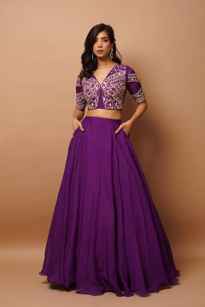 Dark Purple Organza Indo Lehenga Set (Set Of 2)