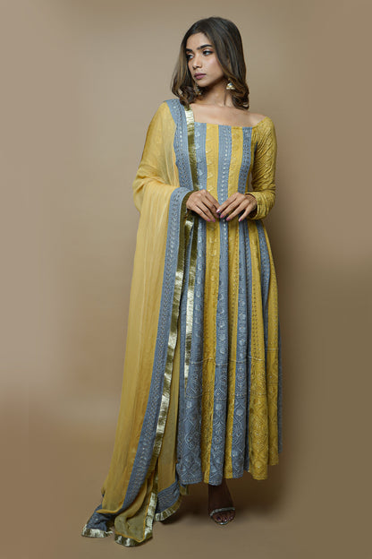 Yellow-Grey Chikankari Anarkali Set (Set Of 3)