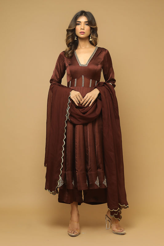 Brown Anarkali Satin Suit Set (Set Of 3)