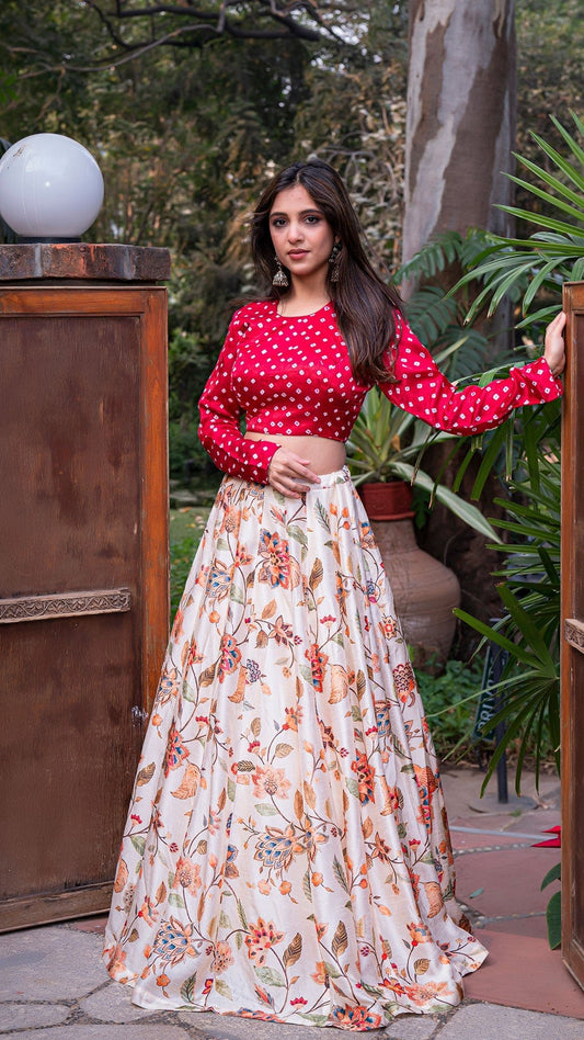 Birds of Paradise Silk Lehenga - Off White with Bandhani Silk Blouse