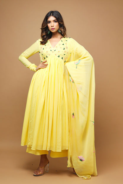 Yellow Anarkali Suit With Hand Painted Dupatta (Set Of 3)