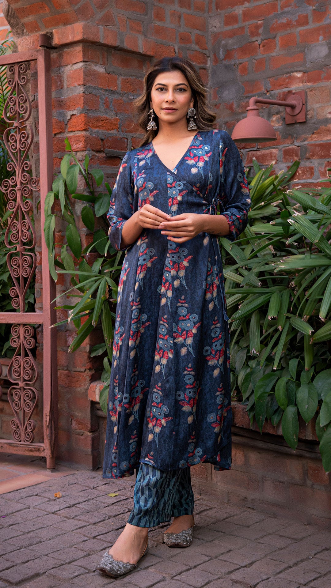 Mughal Flora Double Kali Flared Angarakha Silk Kurta - Blue