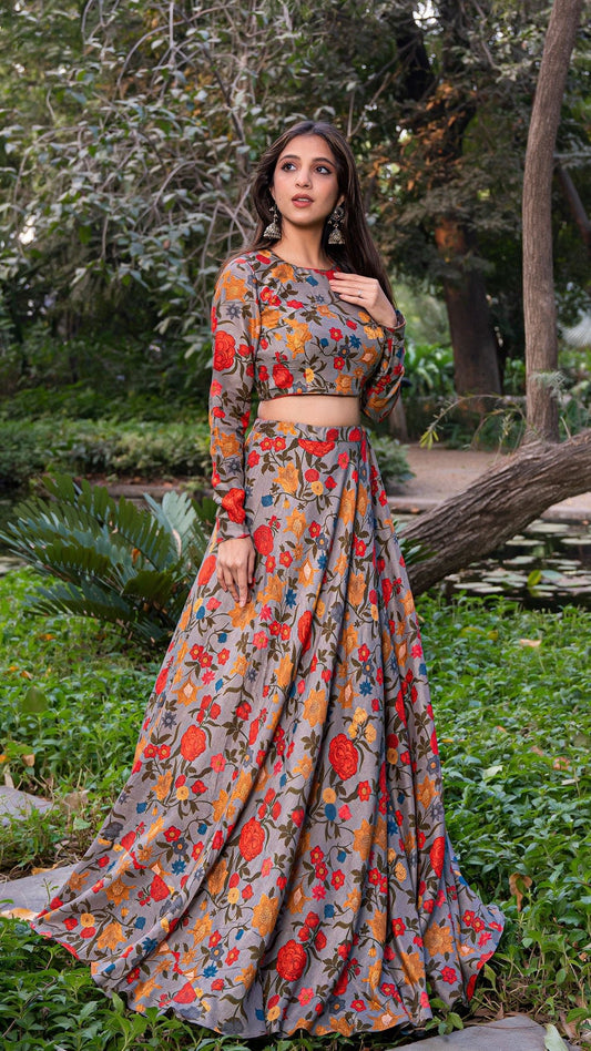 Floral Fantasy Silk Lehenga Set - Grey