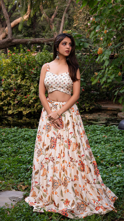 Birds Of Paradise Silk Lehenga Set -Off White