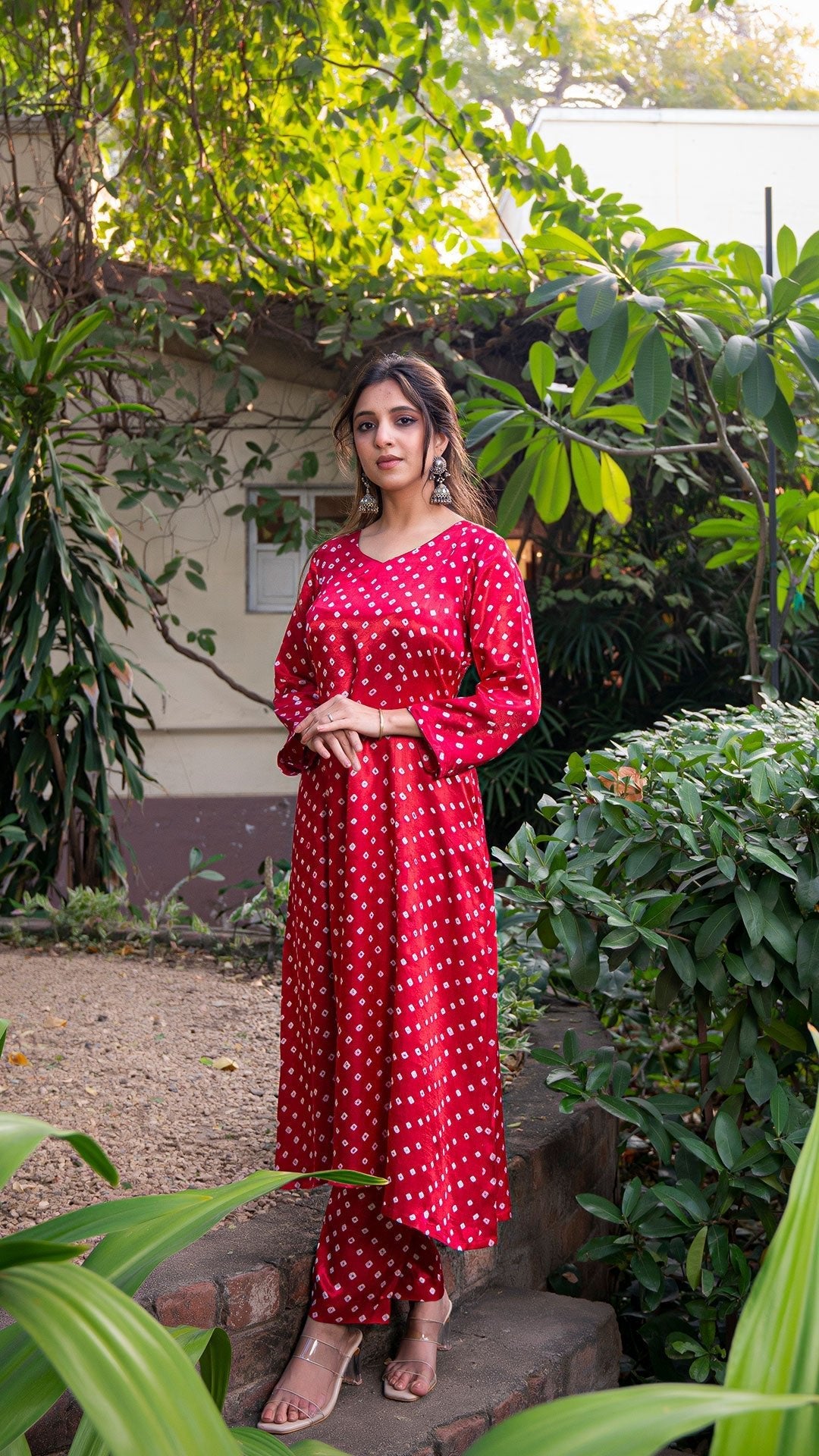 Bandhani Kali Kurta Set In Silk - Dark Pink