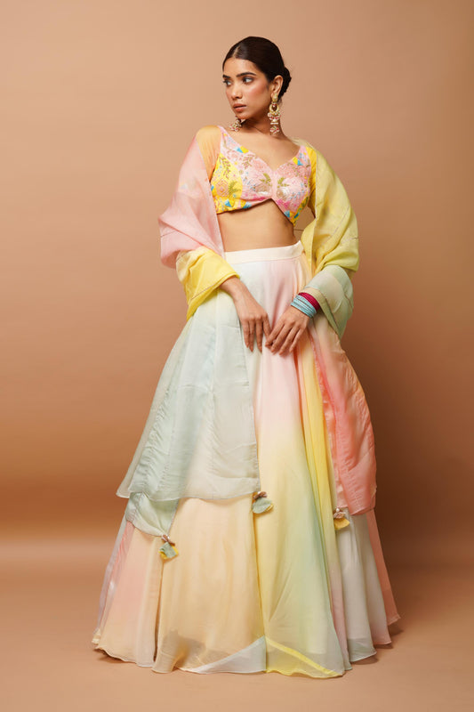 Rainbow Hand Painted Lehenga Set (Seto Of 3)