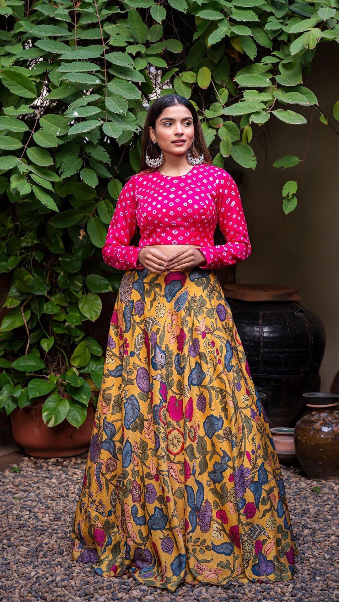 Kalamkari Silk Lehenga - Mustard Yellow with Bandhani Blouse