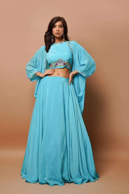 Ocean Blue Lehenga Set (Set Of 3)