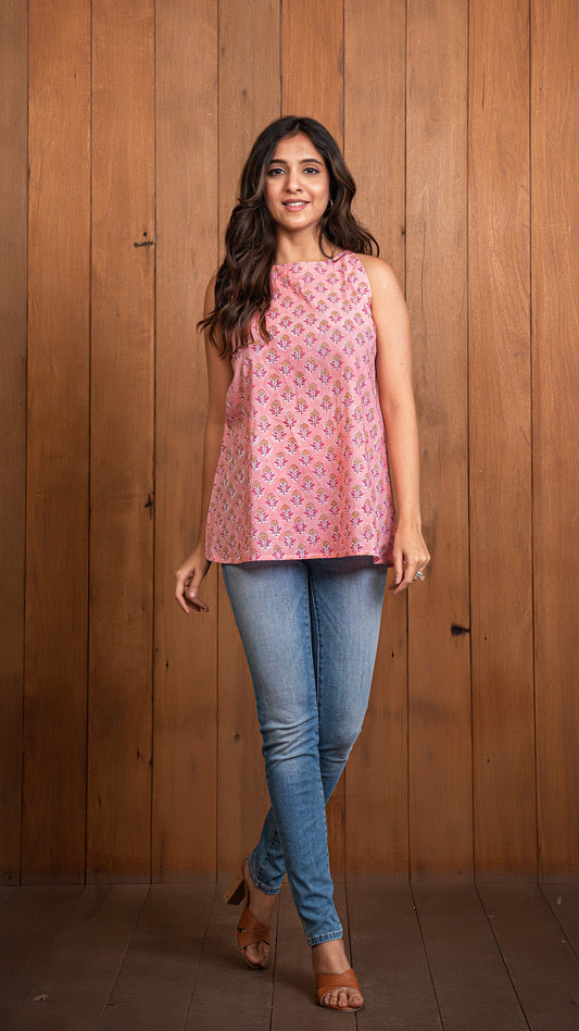 Nishrin Sanganeri Cotton Top In Peach