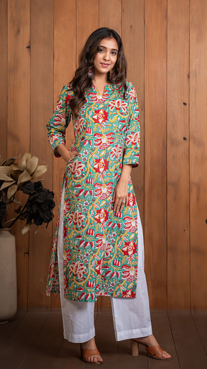 Green Multicolour Floral Sanganeri Hand Block Kurta