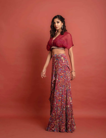 Deep Red Kimono Lehenga Set