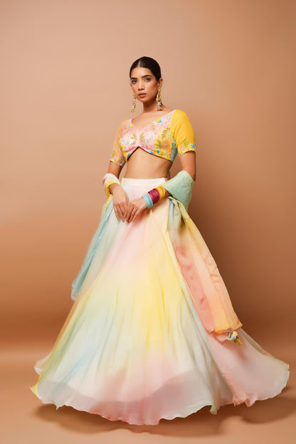 Rainbow Hand Painted Lehenga Set (Seto Of 3)