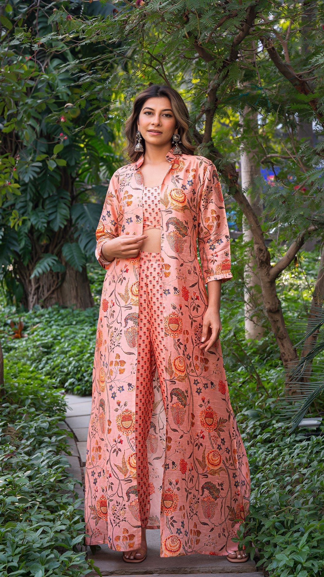 Antara Floral Jaal Jacket In Silk With Small Butti Silk Pants & Crop Top - Peach