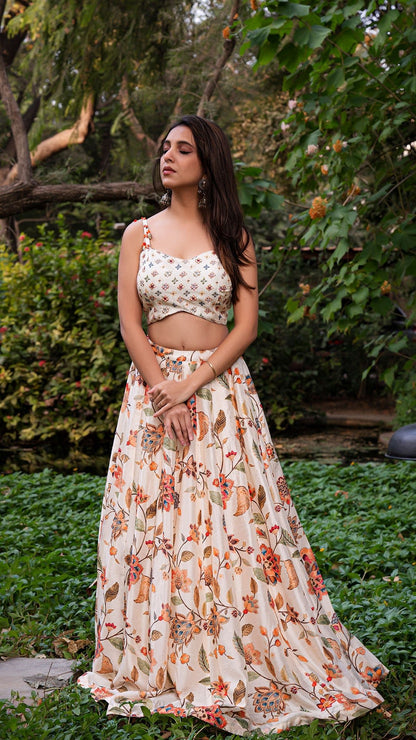 Birds Of Paradise Silk Lehenga Set -Off White