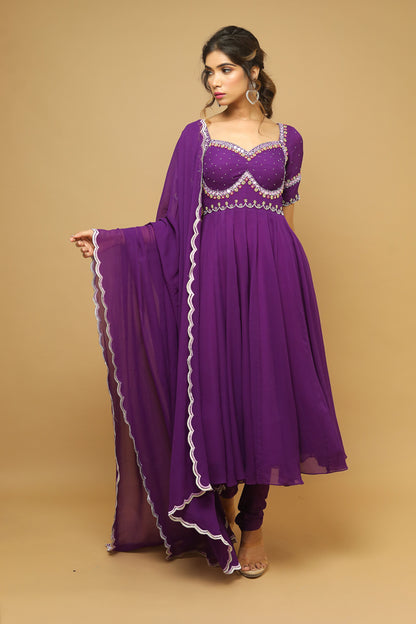 Dark Purple Anarkali Suit Set (Set Of 3)