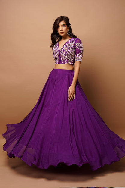 Dark Purple Organza Indo Lehenga Set (Set Of 2)