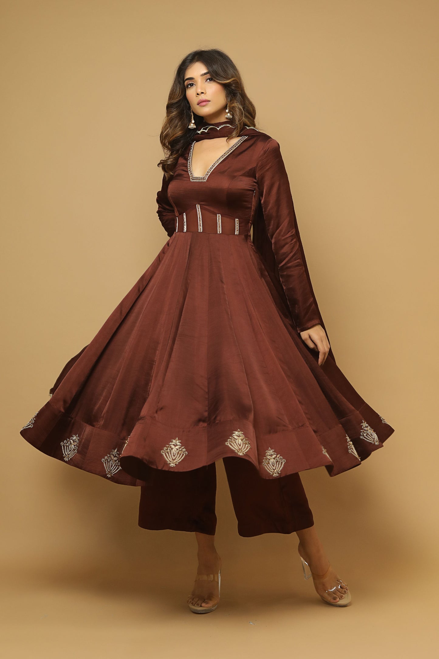 Brown Anarkali Satin Suit Set (Set Of 3)