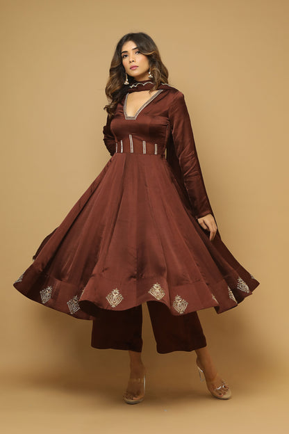 Brown Anarkali Satin Suit Set (Set Of 3)