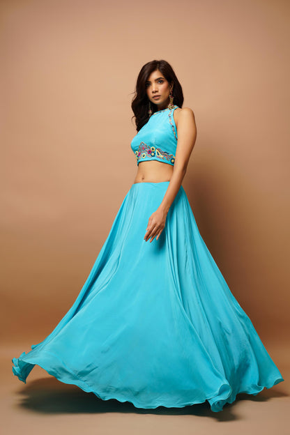 Ocean Blue Lehenga Set (Set Of 3)