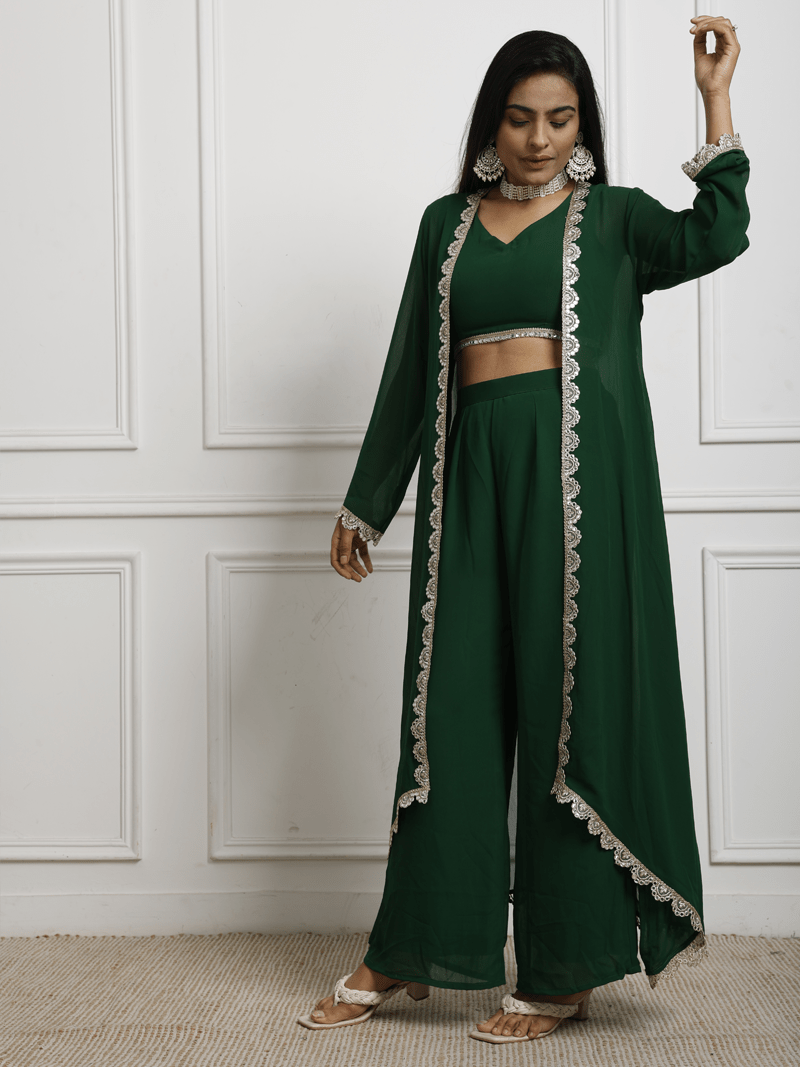 Green georgette top and flared pants with shrug