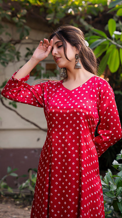 Bandhani Kali Kurta Set In Silk - Dark Pink