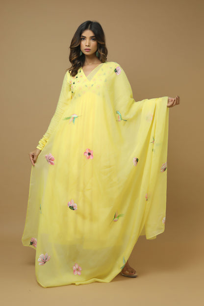 Yellow Anarkali Suit With Hand Painted Dupatta (Set Of 3)