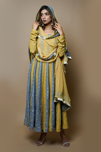 Yellow-Grey Chikankari Anarkali Set (Set Of 3)