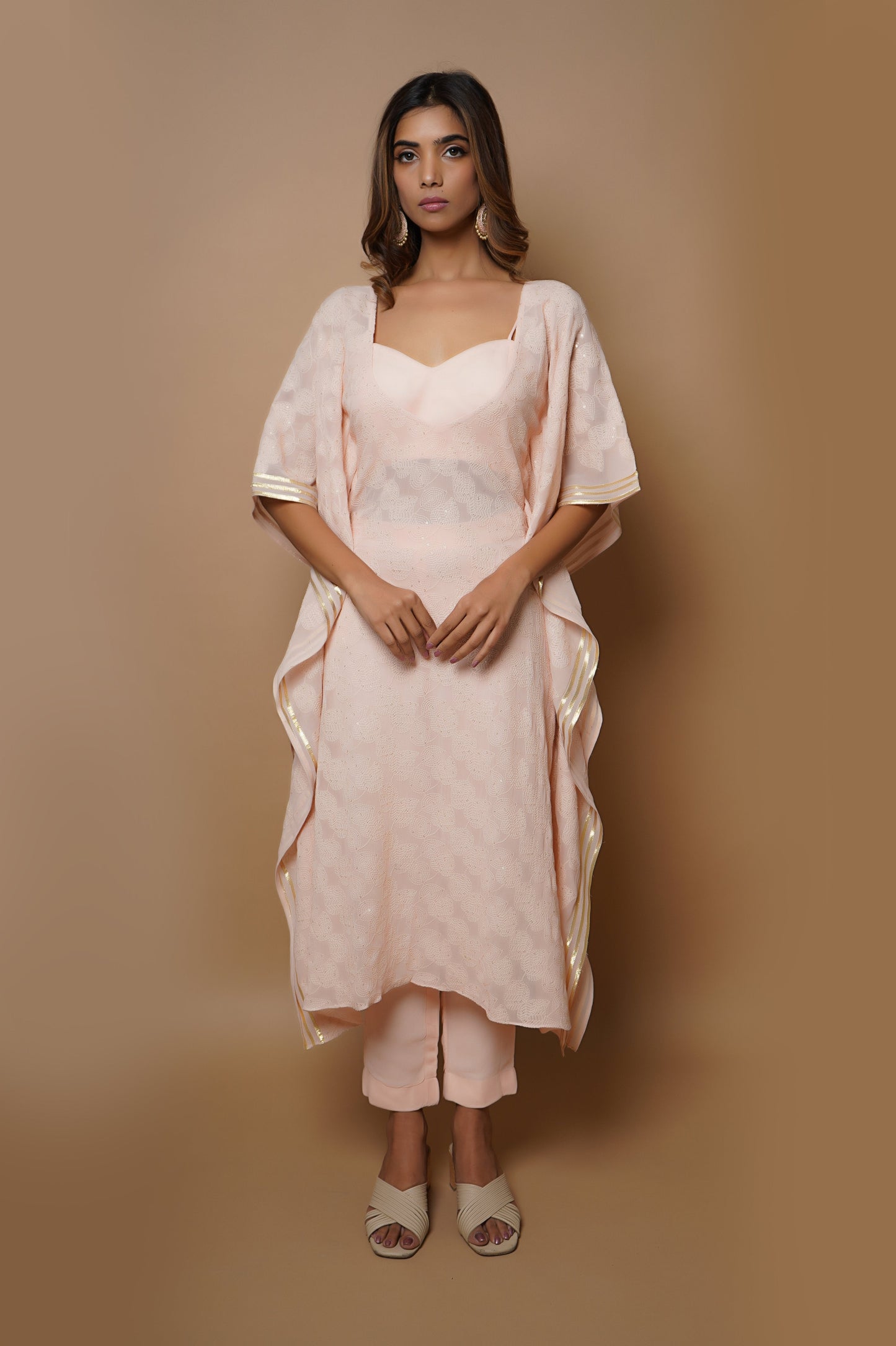 Peach Chikankari Kaftan Set (Set Of 3)