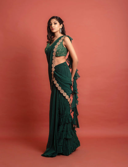 Green Embroidered Ready to Wear Saree