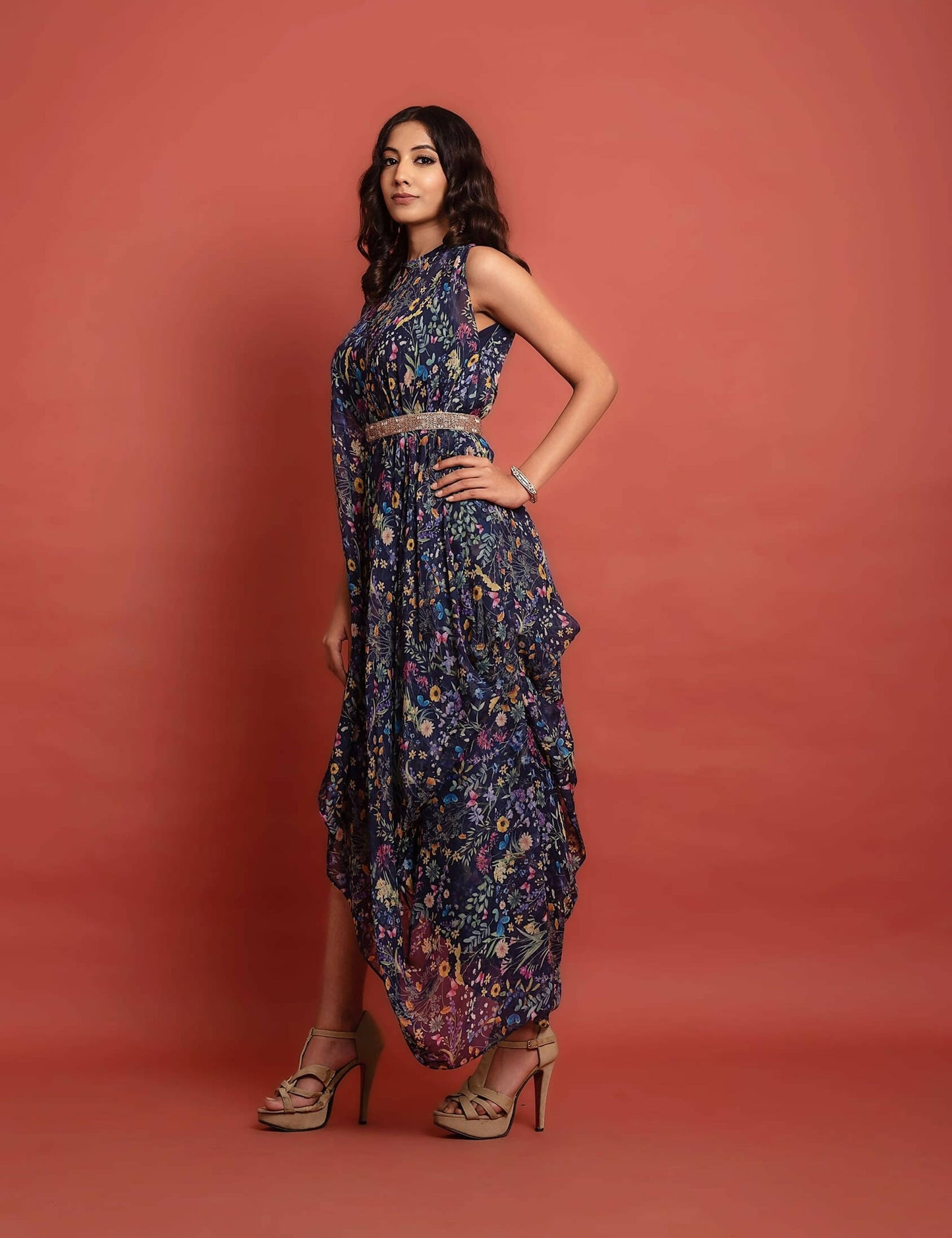 Blue Asymmetric Draped Kaftan