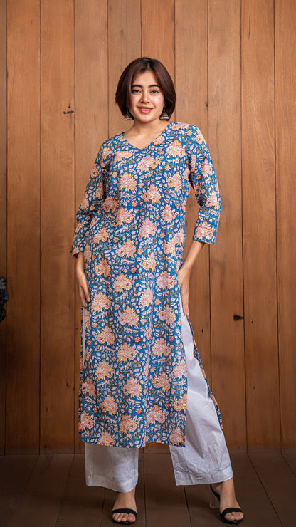 Blue Floral Jaal Sanganeri Hand Block Kurta