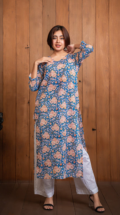 Blue Floral Jaal Sanganeri Hand Block Kurta