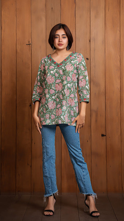 Nirjari Floral Jaal Sanganeri Cotton Short Top - Green